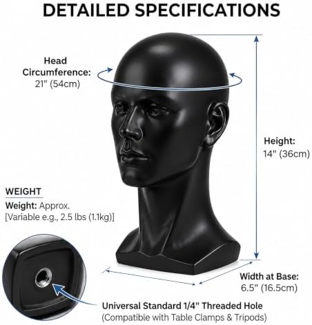 Mannequin Head Male Face Model Display Stand for Wigs Hat Glasses Mask Headphone (black) - Image 2