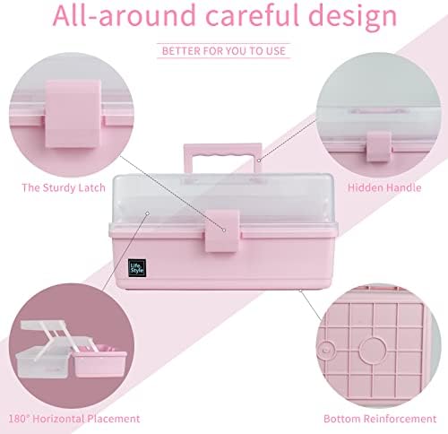 Creahaus 13 inch Art Craft Organizer Storage Box with 3 Layer, Multipurpose Plastic Tool Box with Handle for Sewing, Art Supply, Medicine, Nail, Hair Accessories (Pink) - Image 2