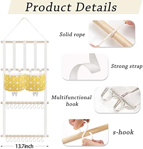 kangaroo Hairband Organizer for Baby Girls, Large Capacity Bow Holder Hair Accessories Wall Hanging Organizer with 20 S-hooks and 2 Pockets, Yellow - Image 3