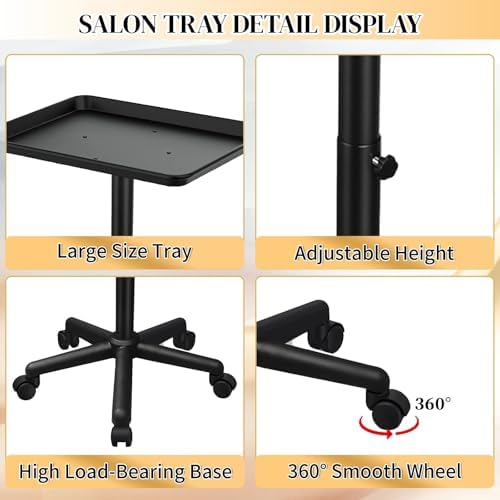 Salon Tray on Wheels, Black Salon Rolling Tray, Adjustable Height - Image 4