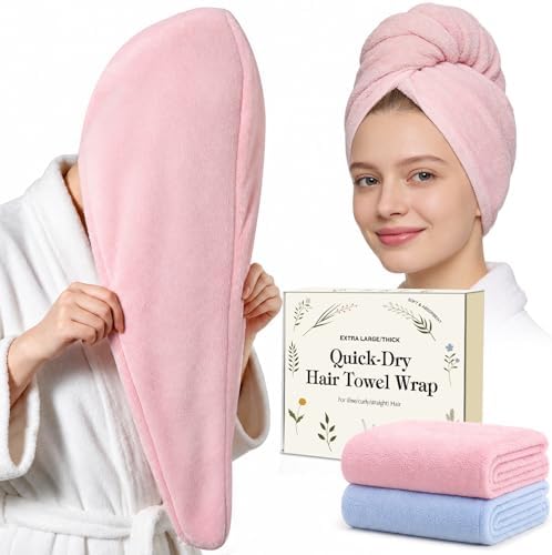 2 Pack Microfiber Hair Towel Wrap for Women, Large Fast Drying Hair Towel Turban, Ultra Soft Thick Anti-Frizz, Double Stitched Edges & Stay in Place No Slip Design for Curly Long Wet Hair(Pink/Blue) by Unknown