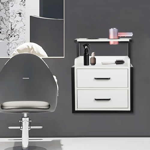 Wall Mount Styling Station,Salon Storage Station Cabinet with Drawers,Beauty Barber Salon Storage Organizer 2 Hair Dryer Holders for Hair Stylist,Barber Shop,Home (White,Black) - Image 3