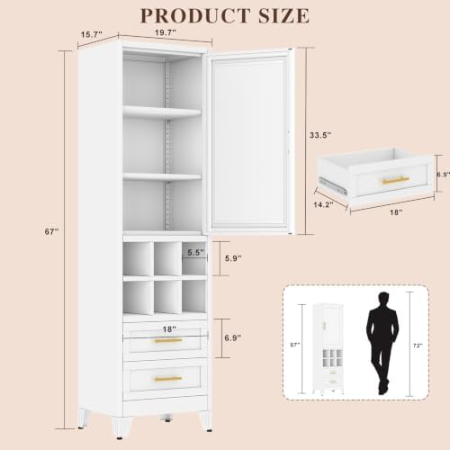 Tall Metal Narrow Storage Cabinet 67" H with 2 Drawer,White Kitchen Pantry Cabinets with 2 Adjustable Shelves and Door,Cuby Storage Orgainzer,Tall Bathroom Cabinet for Kitchen, Home Office,Dining Room - Image 2