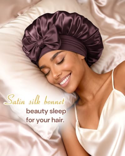BONNET QUEEN Very Soft Satin Lined Bonnet,Anti-Frizzy Silk Like Bonnet for Sleeping for Curly Hair with Tie Band,Grey Rose Gold - Image 2