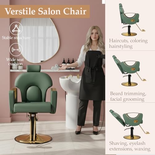 Reclining Barber Salon Chair for Hair Stylist, Professional Hair Stylist Chairs with Heavy Duty Hydraulic Pump, Hairdresser Braiding Styling Shampoo Chair for Spa Home Euipment, Dark Green Gold - Image 5