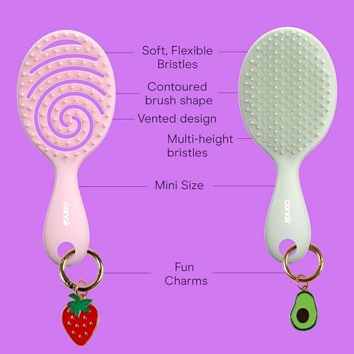 Conair Beyond Gentle Mini Hair Brush Set with Strawberry & Avocado Charms, 2-Pack Detangling Brushes for Wet & Dry Hair, Soft Flexible Bristles, Vented Brush, Compact Travel Size - Image 2