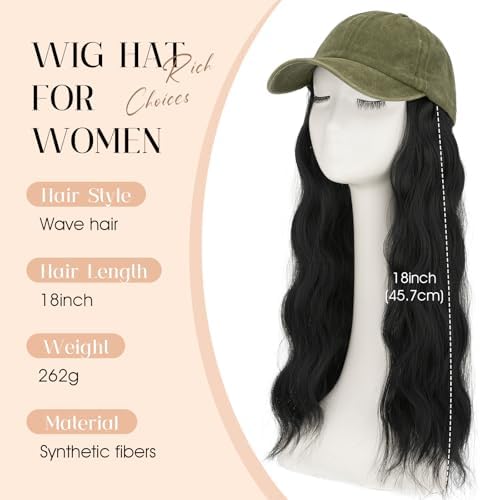 Rich Choices Hat Wigs for Women,Olive Green Baseball Cap with Hair Extensions for Women,Caps with Wavy Curly Synthetic Long Hair Attached Adjustable Baseball Cap Wig 18 Inch Black Hair - Image 2