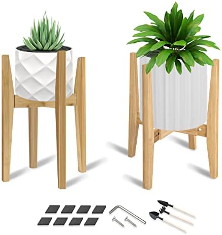 OERGKE 2 PACK Adjustable Plant Stand Indoor, Bamboo Mid Century Modern Plants Stands, Corner Flower Holder for Living Room, Fits 8 to 12 Inches Pots, (Pot & Plant Not Included)(Nature) by OERGKE