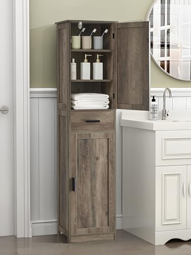 usikey 67'' Tall Storage Cabinet, Narrow Bathroom Floor Storage Cabinet with 4 Shelves & 2 Doors, for Bathroom, Living Room, Rustic Gray - Image 6