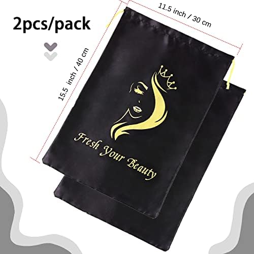 2PCS Satin Storage Pouches for Multiple Hair Pieces Soft Silky Drawstring Organizers for Extensions, Bundles, Styling Tools, Business Gift Containers (Black) - Image 2