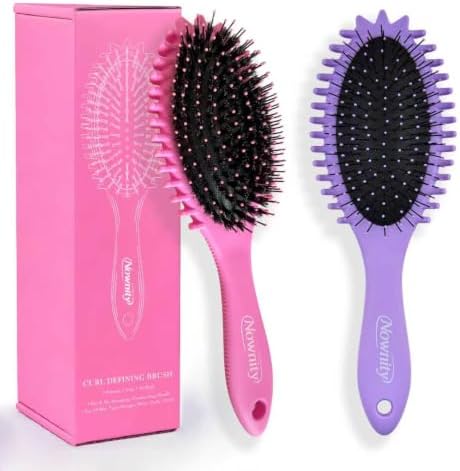 2 Pack Detangling Hair Brush Set with Boar Bristle Brush & 2 Cleaning Brushes, Wet & Dry Hair Brushes for Curly, Wavy, Thick Hair, Gentle No-Pull Detangler for Women, Kid (Pink+Purple) by Unknown