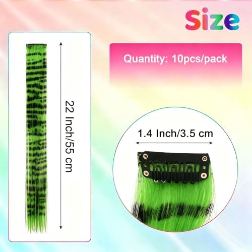 10 Pcs Green Hair Extensions Clip-in, Raccoon Tail Hair Accessories 22 Inch - Image 2