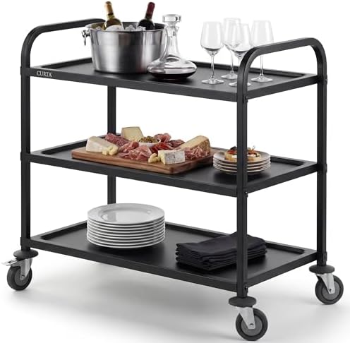 CURTA Black Stainless Steel Serving Cart, 3-Tier Rolling Utility Trolley (38"x20"x37"), Heavy Duty Painted Kitchen Cart on Wheels with Brakes, Commercial Grade for Restaurant, Hotel, Salon & Lab by CURTA