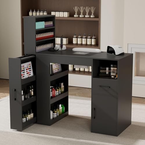 Professional Nail Desk for Nail Tech with Storage Cabinet and Fan – Modern Nail Table for Salon, Nail Tech Table with Drawer, Armrest & Dust Collector,Manicure Table Nail Desk (Black) by GOFEI