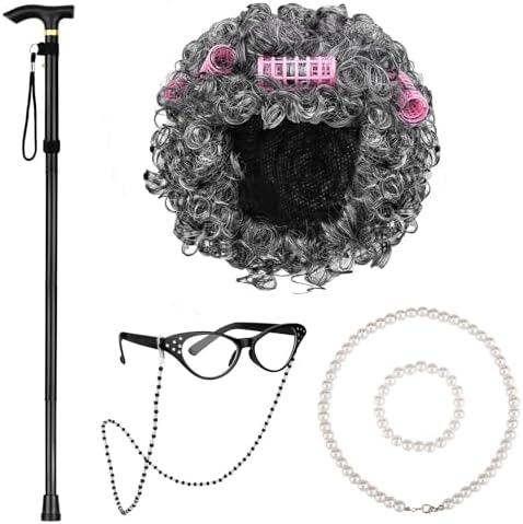 AOTHSO 6 Pieces Old Lady Wig Costume Set Grandma Wig with Cap Cane Pearl Necklace Bracelet for 100 Days of School Halloween by AOTHSO