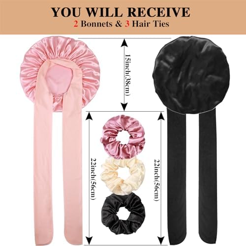 2+3 Large Satin Bonnets with Scrunchies for Women, Hair Bonnet Sleeping Tie Bonnet for Braids Curly Hair - Image 2