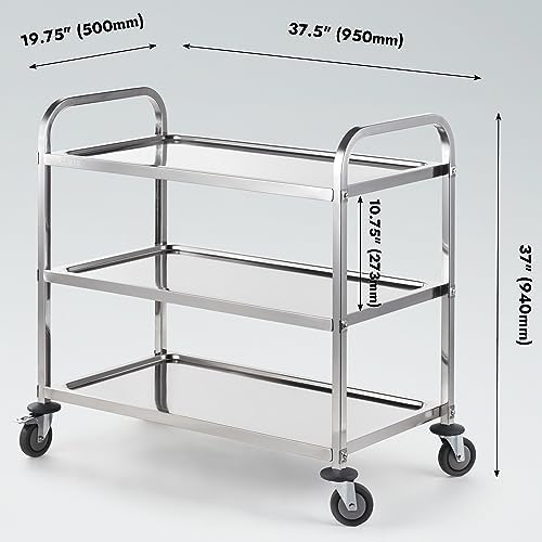 CURTA Stainless Steel Serving Trolley, 38" L x 20" W x 37" H 3 Tiered Shelf Kitchen Utility Cart, Rolling Casters Brake Wheel, Commercial Pro for Restaurant/Hotel/Lab/Clinic/Salon/Workshop - Image 5