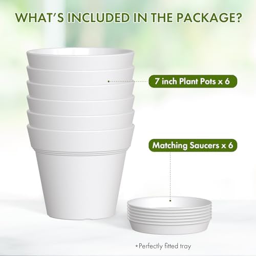 WSMKSZ 7 Inch Thick Plastic Plant Pots with Drainage Holes and Trays – 6 Pack Nursery Pots for Indoor & Outdoor House Plants, Seedling Starter Planters for Garden Flowers, White - Image 5