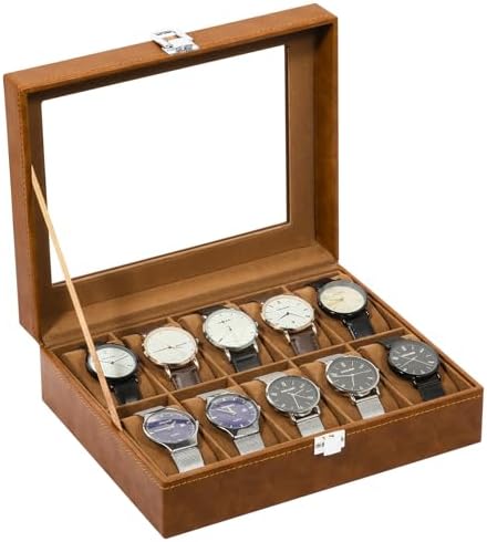 Uten 10-Slot Watch Box, PU Leather Watch Case with Glass Lid, Brown by UTENHOMEGOODSCENTER