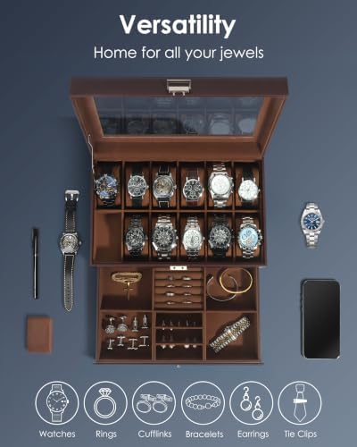 Kukikan Mens Watch Box Jewelry Organizer,12-Slot 2-Layer Watch Case -Brown - Image 3