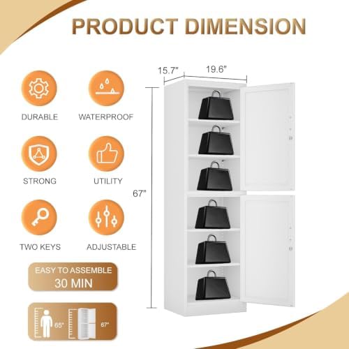 Tall Metal Narrow Bathroom Storage Locker Cabinet 67" H,White Kitchen Pantry Cabinets with 4 Adjustable Shelves and 2 Lockable Doors,File Cabinet Organizer for Kitchen Home Office Living Dining Room - Image 2