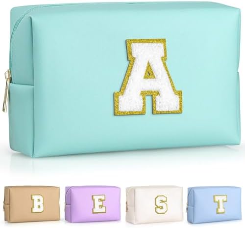 TOPEAST Preppy Makeup Bag, Personalized Initial Bags with Zipper, Cute Makeup Pouch, PU Leather Waterproof Cosmetic Bag, Birthday Gift for Daughter, Preppy Things for Girls (Blue A) by TOPEAST