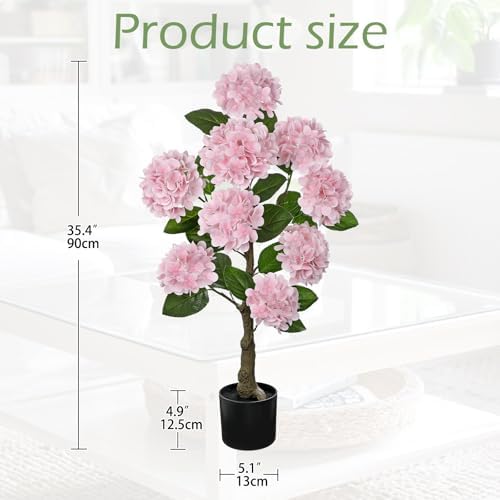 Hollyone 3FT Pink Hydrangea Artificial Flowers Tree Large Real Touch Faux Silk Hydrangea Plants Potted Fake Flower in Black Pot for Home Indoor Outdoor Front Porch Garden Entrance Living Room Decor - Image 2
