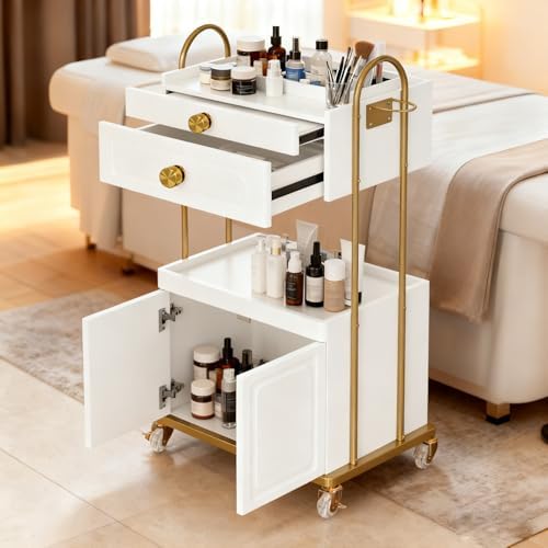 Salon Trolley Cart with Lockable Wheels, Salon Station Cabinet with Drawer & Cabinet for Hair Stylist Makeup Tool Organizer for Beauty Spa Barbershop (White&Gold) - Image 2