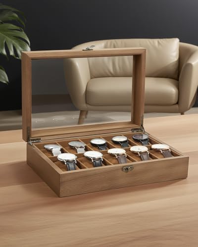 Uten Wooden Watch Case 10 Slot, Watch Jewelry Display Box with Glass Lid - Image 3