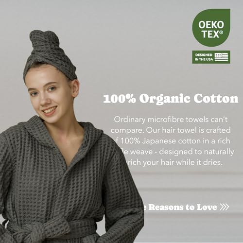 Luxury Organic Japanese Cotton Hair Drying Waffle Towel Wrap for Women | Absorbent, Quick-Dry Head Turban for Shower, Sauna, Spa | Extra Large for Long, Curly, Straight Hair With Button (Grey, 1 Pc) - Image 4