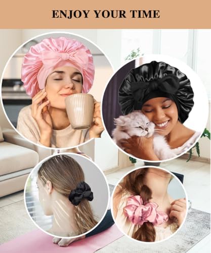2+3 Large Satin Bonnets with Scrunchies for Women, Hair Bonnet Sleeping Tie Bonnet for Braids Curly Hair - Image 5