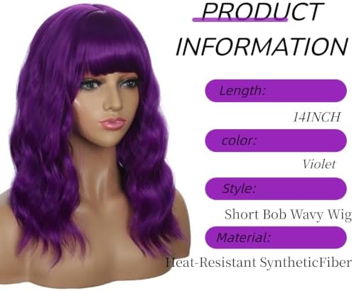 Sebast Pastel Bob Wigs with Bangs for Women Loose Wavy Wig Pastel Wavy Shoulder Length Bob Synthetic Cosplay Wig for Girl Colorful Costume Wigs (Violet) - Image 2
