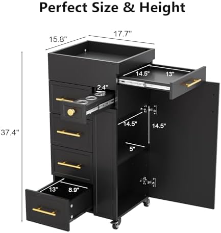 OmySalon Salon Trolley Cart, Hair Styling Station with 5 Drawers, 3 Tool Holders & Adjustable Shelf, Mobile Storage Cabinet Utility Trolley for Barber, Beauty Spa, Home (Black) - Image 3