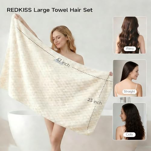 REDKISS 4 Pack Extra Large Hair Towels - Microfiber Oversized Hair Towel Wrap for Women, 23 x 47 inches Hair Towels with Elastic Strap, Super Soft Hair Drying Towels for Long, Thick, Curly Turbans - Image 2