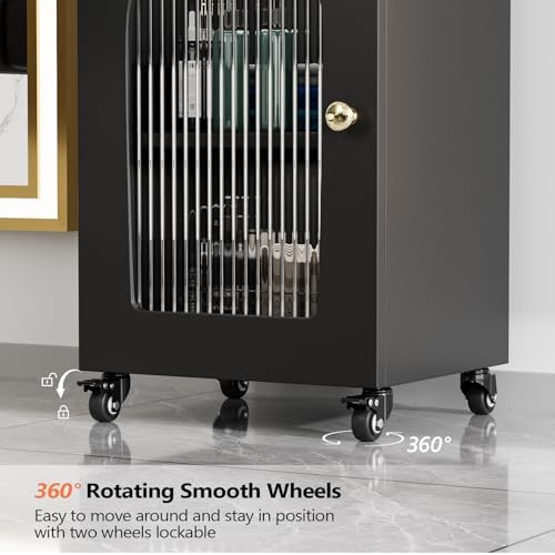 Salon Cart with Wheels & Adjustable Shelf, Black 3-Tier Rolling Beauty Trolley for Hair Stylist, Barber, Esthetician, Storage Cabinet w/Glass Door & Hair Dryer Holder, Mobile Station for Spa, Tattoo - Image 7
