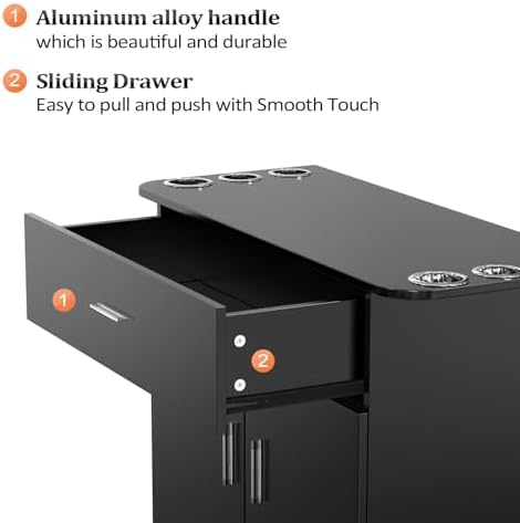 OmySalon Salon Station Barber Storage Cabinet, Free Standing Beauty Hair Stations, Beauty Salon Spa Equipment Hair Styling Utility Unit with 1 Drawers, 1 Storage Cabinet, 6 Hair Dryer Holders, Black - Image 5