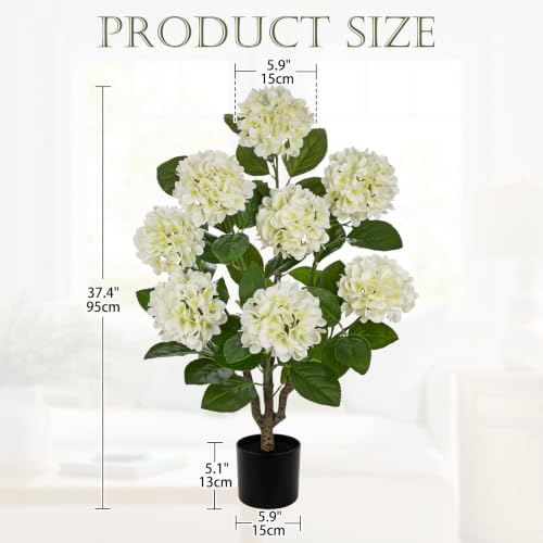3FT White Hydrangea Artificial Flowers Tree Large Real Touch Faux Silk Hydrangea Plants Potted Fake Flower in Black Pot for Home Indoor Outdoor Front Porch Garden Entrance Living Room Decor - Image 2