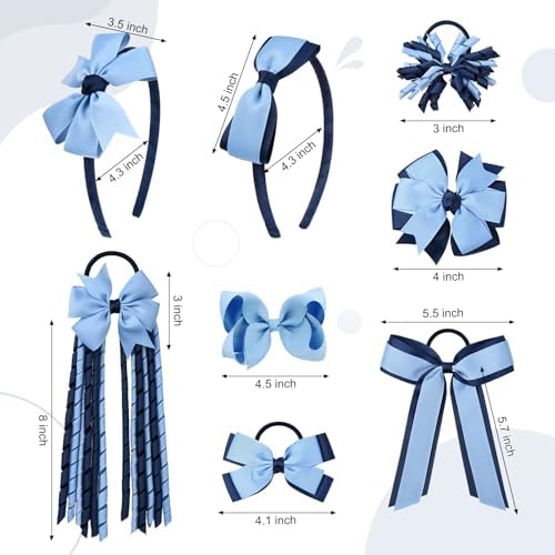 DEEKA Light Blue & Navy School Hair Accessories Set 13 Pcs Uniform Hair Bow Headband Clips Hair Ties Curly Korker Bows for Little Toddler School Girls (Light Blue&Navy) - Image 6