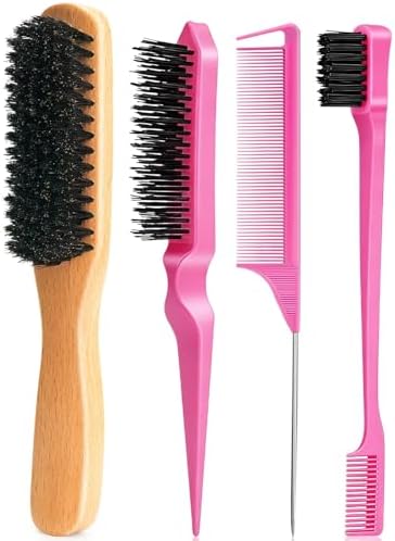 Boar Bristle Slick Back Hair Brush for Smooth Flyaways, Frizz, Sleek Ponytail, Buns and Edge Baby Hair, Teasing | Hair Comb, Edge Brush, Teasing Brush Styling Accessories for Girls, Kids, Women & Men by Goiple