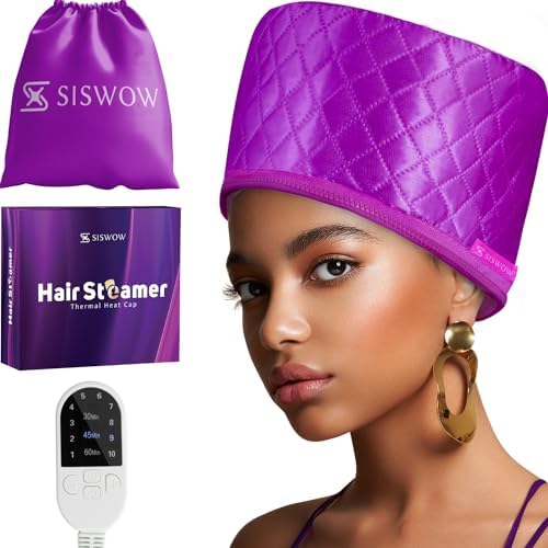 Hair Steamer for Deep Conditioning w/10-level Heats Up Quickly, Heating Cap for Deep Conditioner - Thermal Steam Cap for Black Hair, Great for Hair Treatment (Purple) by SISWOW
