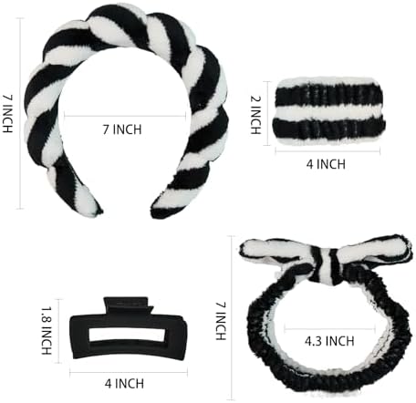 7 Pcs Spa Set, Facial Headband and Wristband Set, Skincare Accessories, College Style Girl Gift, Hair Accessories for Women and Girls（Black White Stripe ） - Image 6