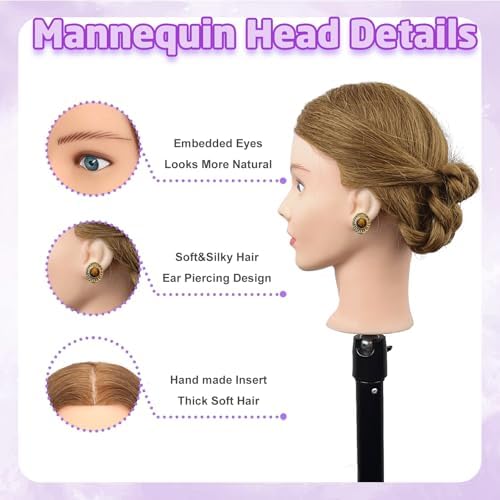 Mannequin Head Human Hair - Cosmetology Manikin Doll Head with 100% Real Hair for Hairdresser Practice Styling Braiding & Free Clamp Holder (Light Brown) - Image 3