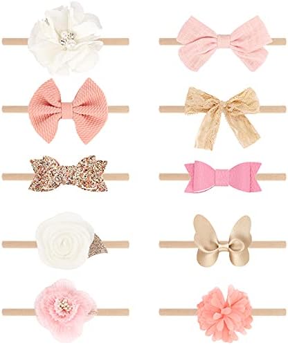 BQUBO Baby Girl Headbands with Bows Nylon Hairbands Handmade Hair Accessories for Newborn Infant Toddlers 10 Pack by DRESHOW