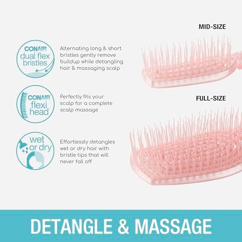 Conair Hair Brush Set, Scalp Care Detangling, 2-Pack, Pink - Image 3