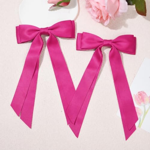 2PCS Rose Pink Hair Bows, Large Ribbon Bow Hair Clips for Girls Women Cute Ponytail Holder Accessories for Toddlers Kids Teens - Image 2