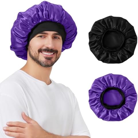 2 PCS Satin Silk Bonnet for Men Women, Hair Bonnet for Sleeping Men with Elastic Band, Large Silk Bonnet for Women Curly Hair Braids (Black+Purple) by SUPAZE