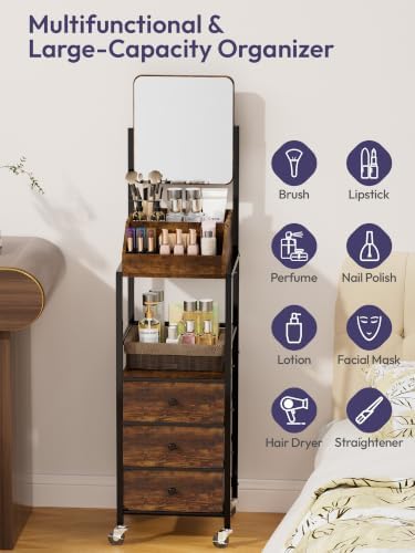 SWTYMIKI Makeup Organizer Cart with Mirror - Makeup Storage Vanity Dresser with Non-Woven Drawers, 360° Rotating HD Mirror, Rolling Organizer Cart for Skin Care Perfume Nail Polish Hair Tool Espresso - Image 6