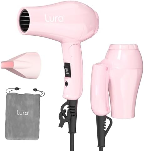 Foldable Travel Hair Dreyr Mini:Dual Voltage Small Lightweight Blow Dryer for International Travel,1200w Compact Hairdryer with Concentrator and Travel Bag(Light Pink) by Lura