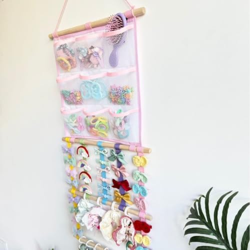 Headband & Hair Bow Organizer for Girls, Wall Hanging Hair Accessories Holder with 20 Hooks & 9 Mesh Pockets, Storage Display for Hair Clips, Scrunchies, Nursery Room Décor(Colorful) by mioluo