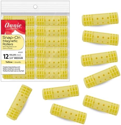 Annie Snap-On Magnetic Rollers 3/4 Inch Yellow 12 Pack - Medium Hair Curlers for Curls & Waves - Durable, Reusable & Easy to Use on Dry or Damp Hair - Secure Fit for All Hair Types by AnnieInternational